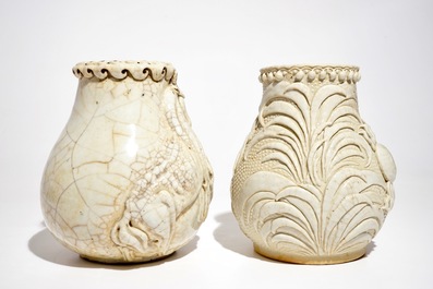 Two Chinese Nanking crackle-glazed hu vases with crabs and mythical beasts, 19th C.